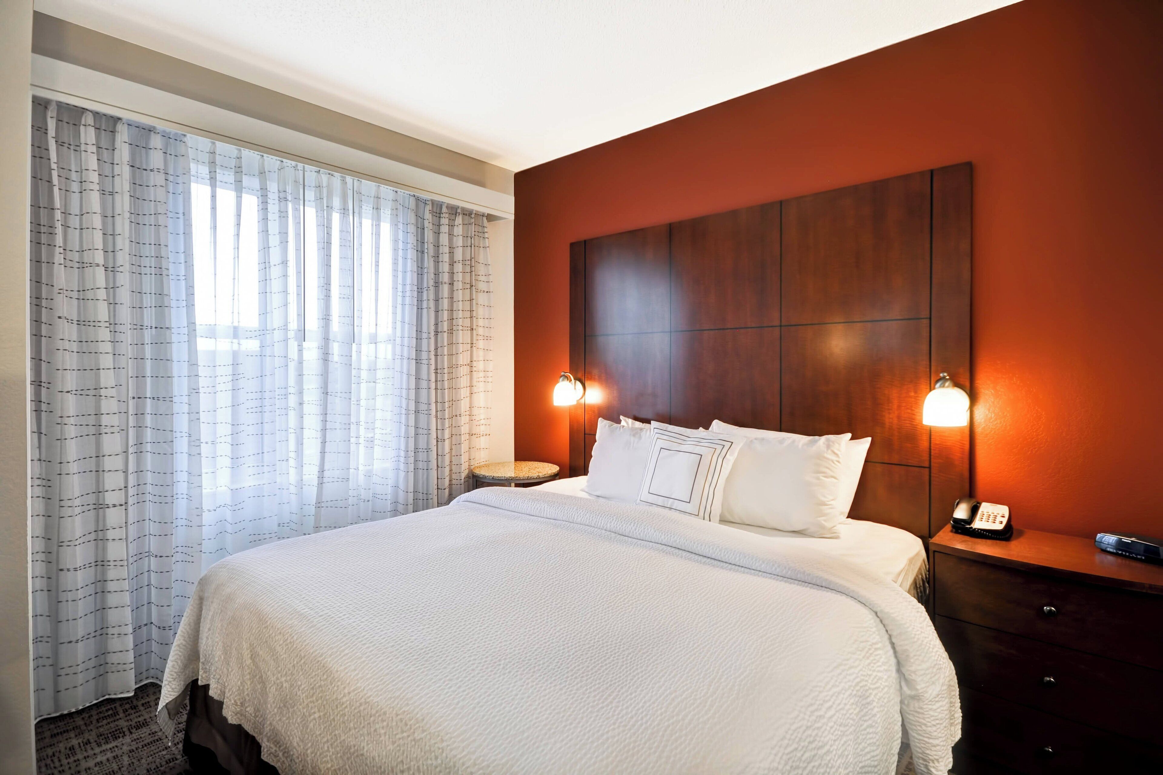 desk, laptop workspace, blackout curtains, iron/ironing board