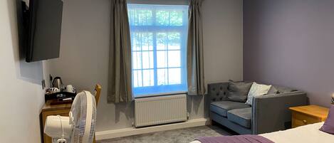 A bedroom with a bed, a grey sofa, a television mounted on the wall, a window with curtains, and a radiator.