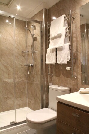 Eco-friendly toiletries, hair dryer, towels