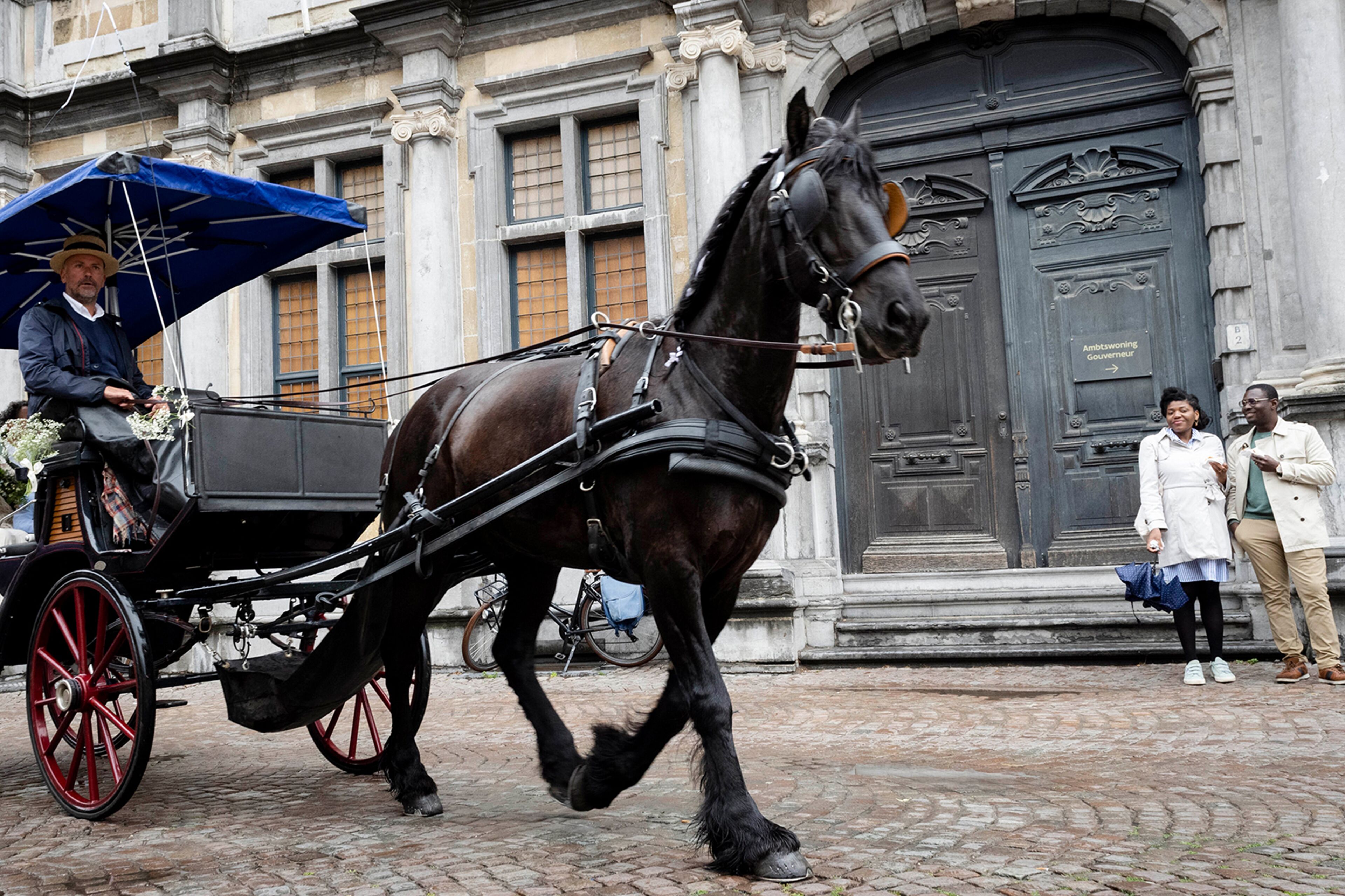 Een koets getrokken door paarden op een geplaveid straatje, een gebouw met versierde deuren, en voetgangers.