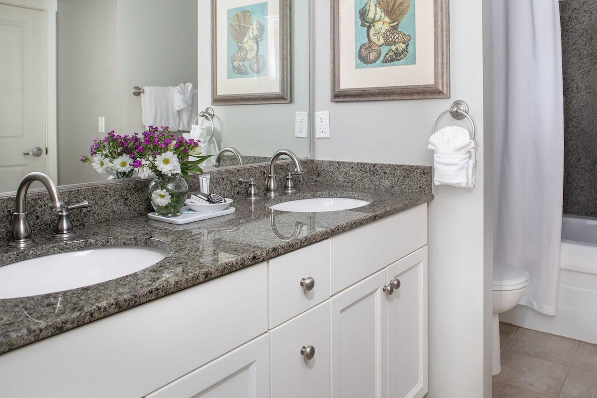 combined shower/bathtub, jetted bath, designer toiletries, hair dryer