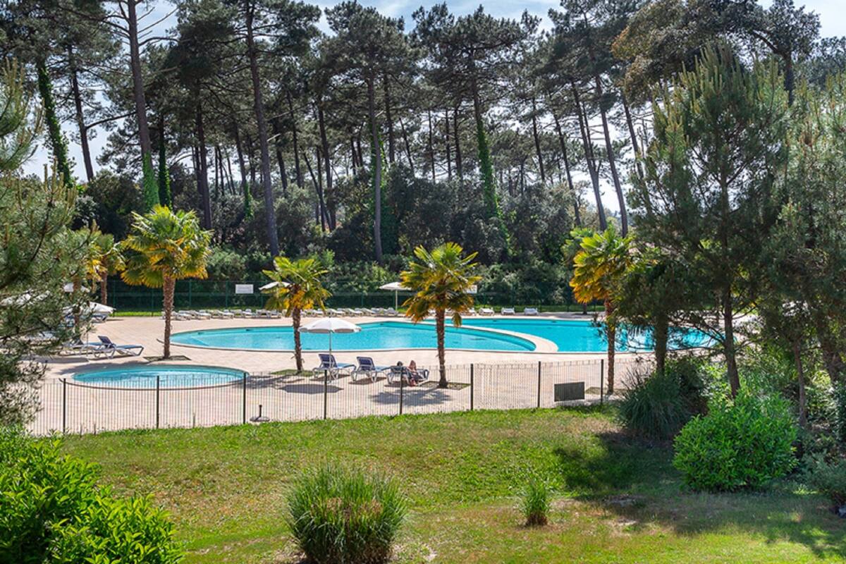 A swimming pool surrounded by palm trees and lounge chairs, with a fence and greenery in the background.