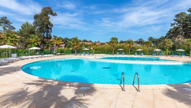 Una piscina amplia y cristalina con sillas de descanso y sombrillas, rodeada de palmeras y un cielo despejado.