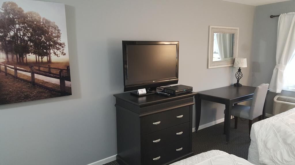 A hotel room with a bed, a desk with a television, a dresser, a mirror, and a painting of a park scene.