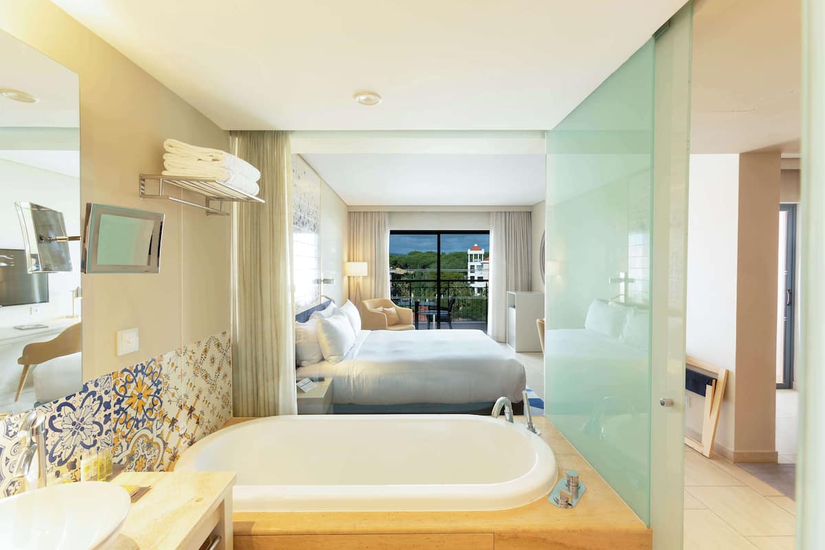 Separate bathtub and shower, free toiletries, hair dryer, bathrobes