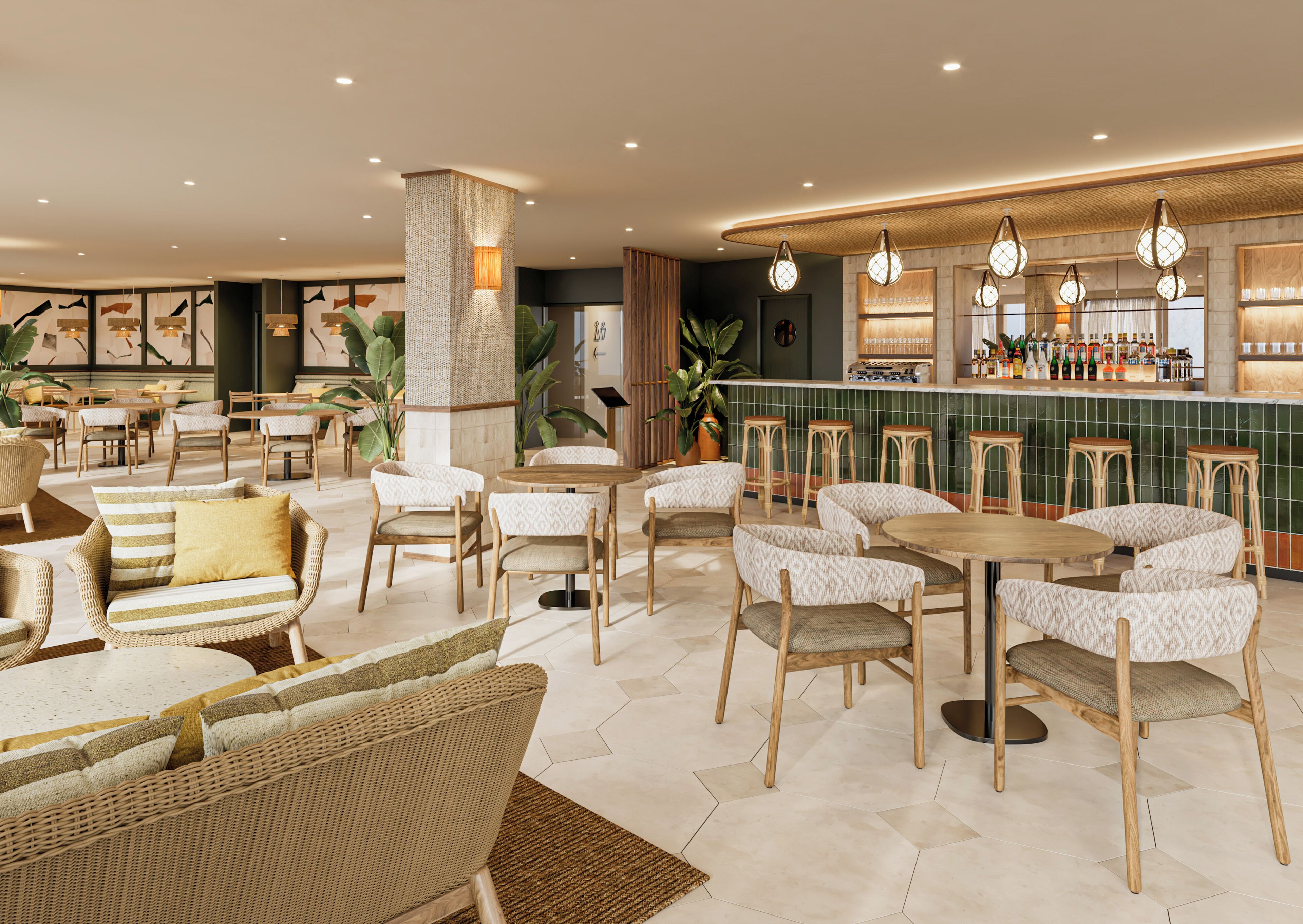 Un moderno vestíbulo de hotel con mobiliario de mimbre, una zona de bar y una planta grande.