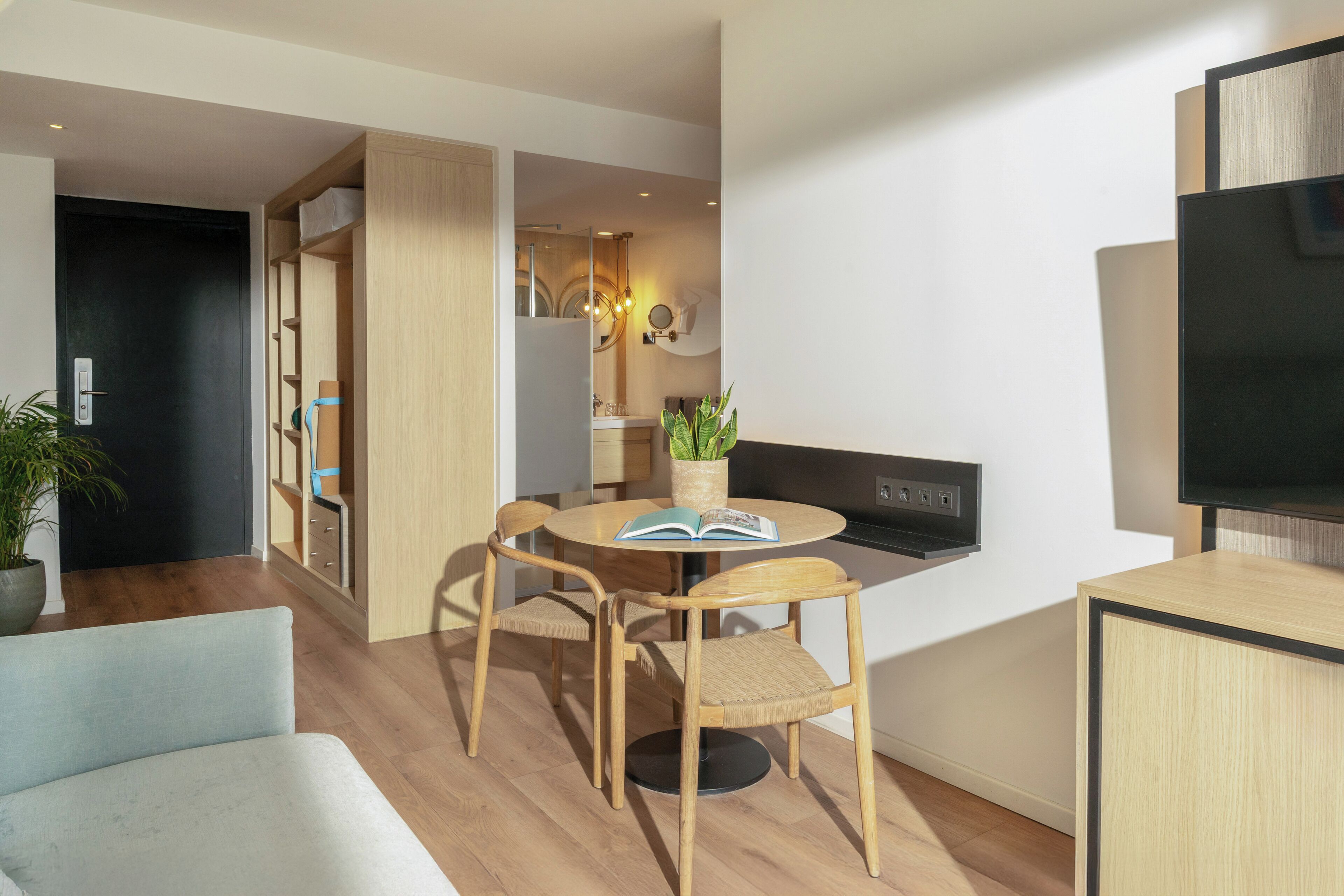 A modern living room with a round dining table, two wooden chairs, a sofa, a TV, and a potted plant.