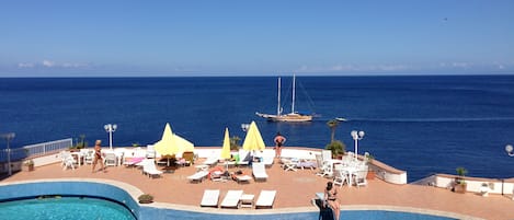 Seasonal outdoor pool, pool umbrellas, pool loungers