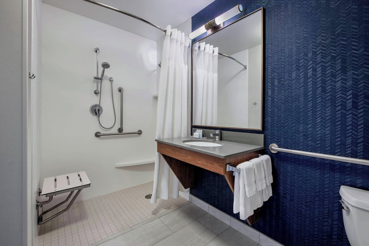 combined shower/bathtub, free toiletries, hair dryer, towels