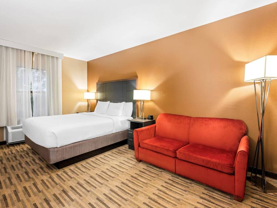 Habitación de hotel con cama, sofá rojo, dos lámparas de noche, ventana con cortinas y alfombra estampada.