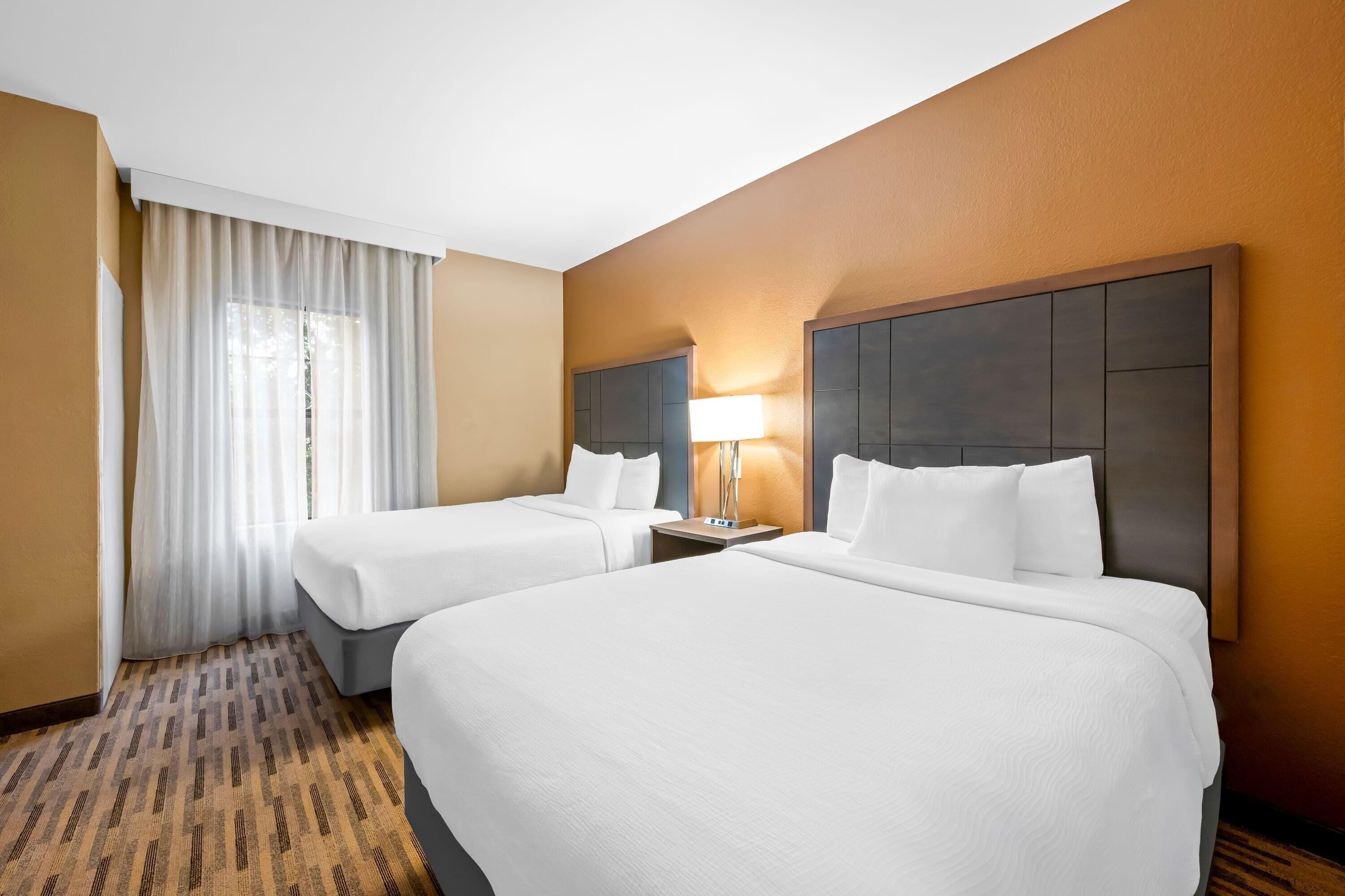A hotel room with two beds, a large window with sheer curtains, a bedside table with a lamp, and a patterned carpet.