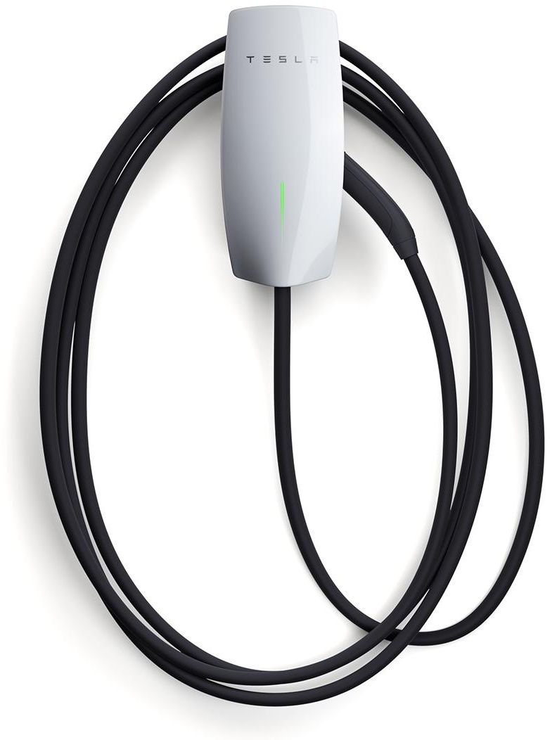 Une borne de recharge Tesla avec une base blanche et des câbles noirs.