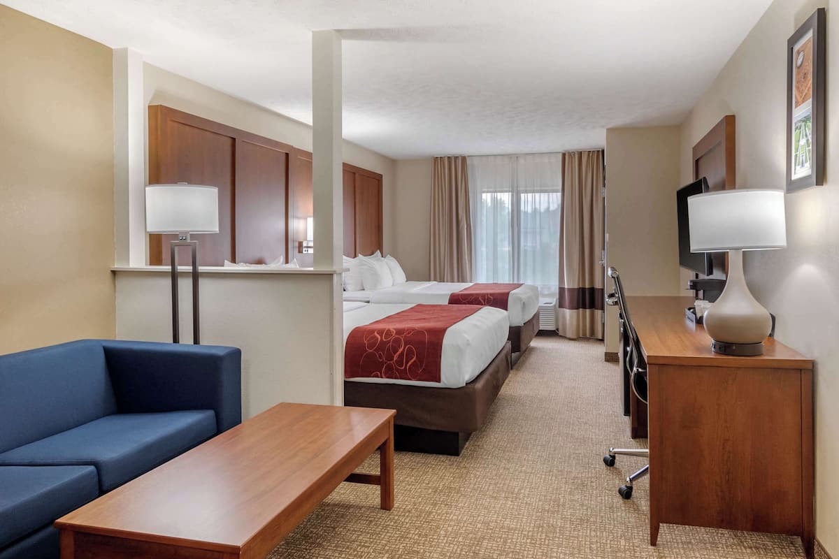 Een hotelkamer met een bank, een bureau, twee bedden, een televisie en een lamp.