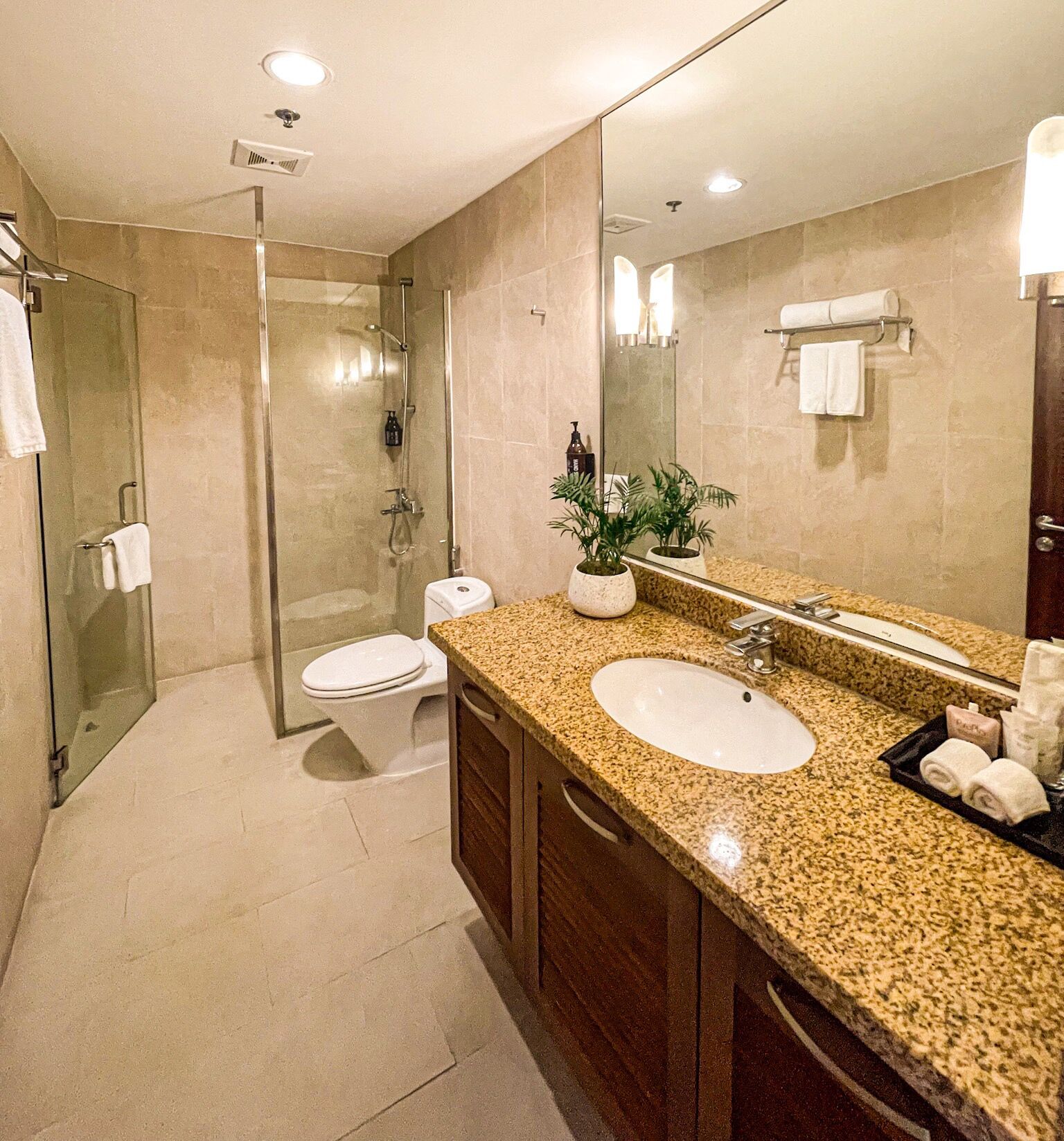 Un baño moderno con ducha envuelta en vidrio, inodoro, lavamanos y un espejo grande.
