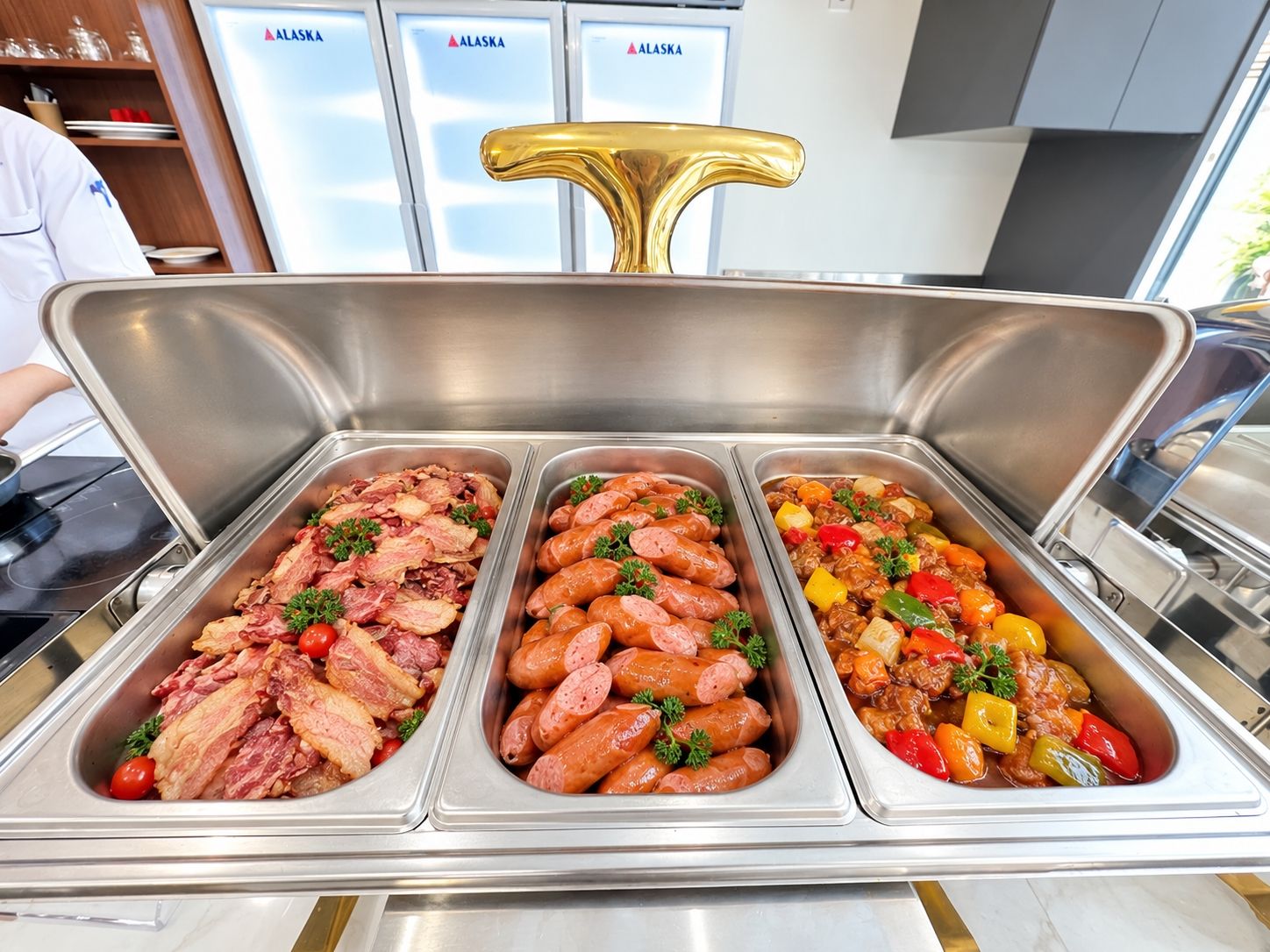 Ein Buffet mit drei Speisen: einem Fleischgericht, Wurst und einem Gemüseeintopf.