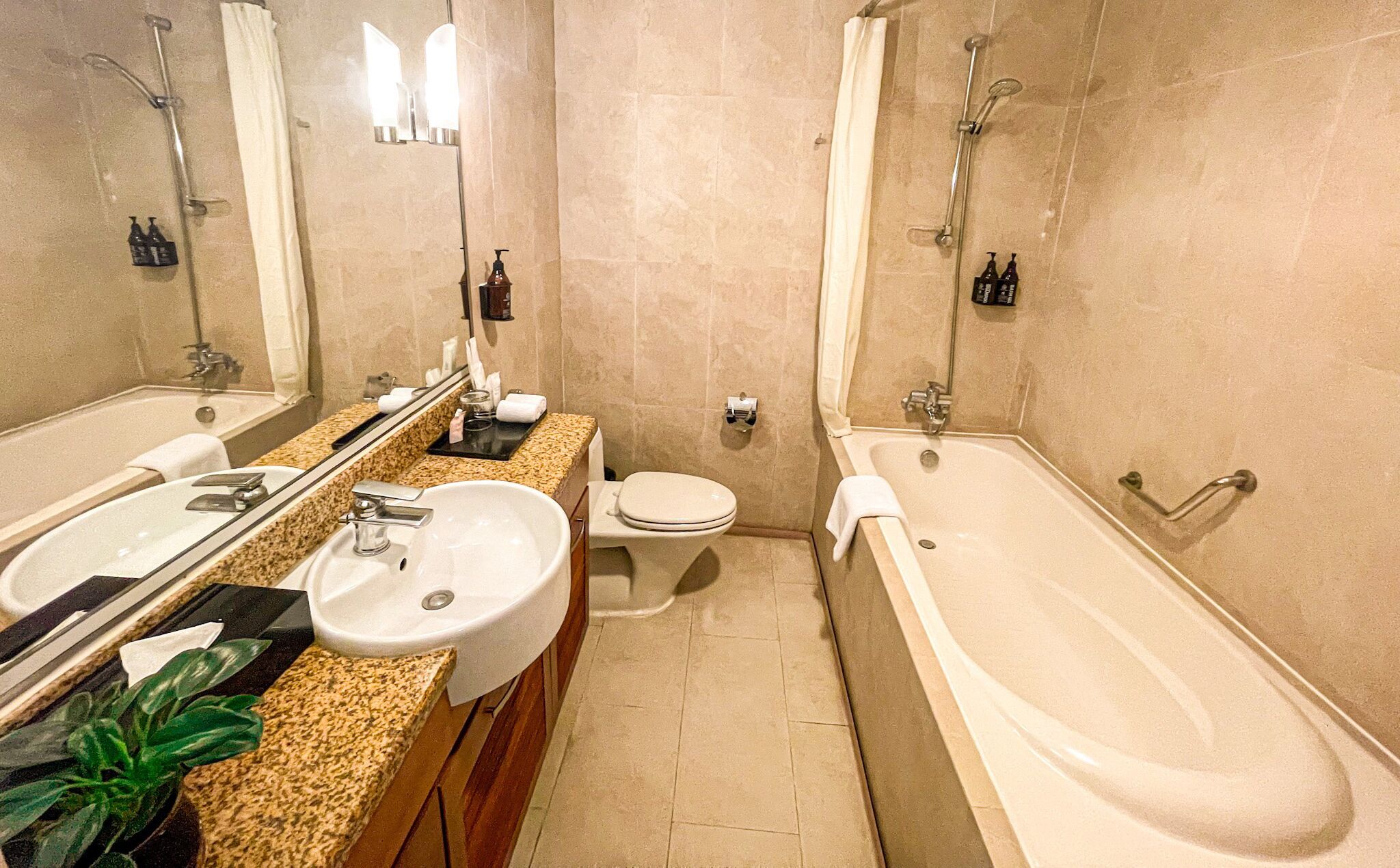 A bathroom with two sinks, a toilet, and a bathtub.