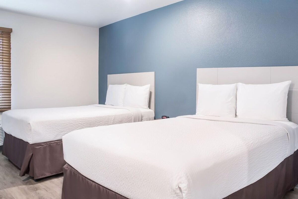 A hotel room with two beds, a blue accent wall, and a window with blinds.