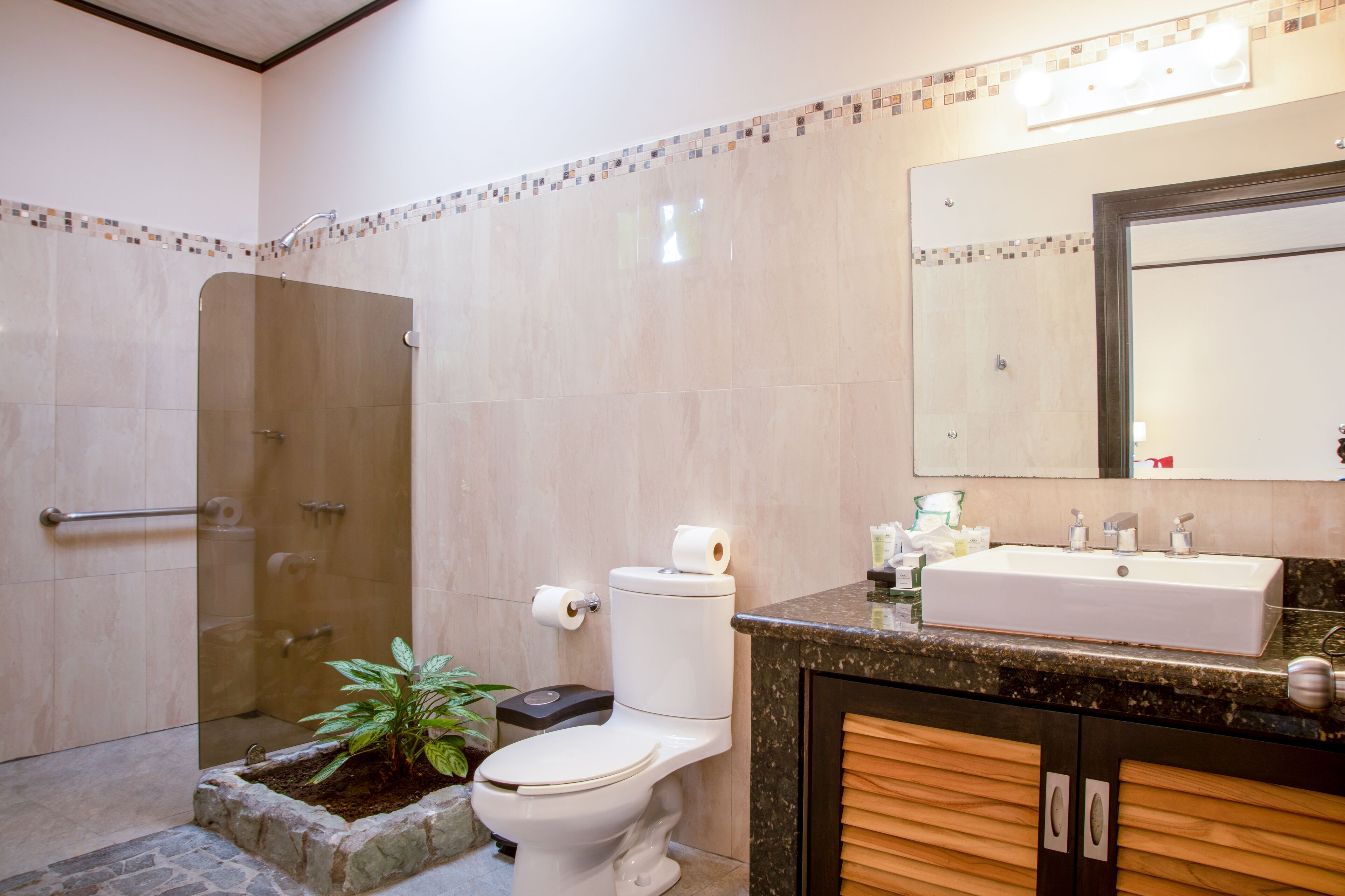 A bathroom with a shower, toilet, sink, and mirror.