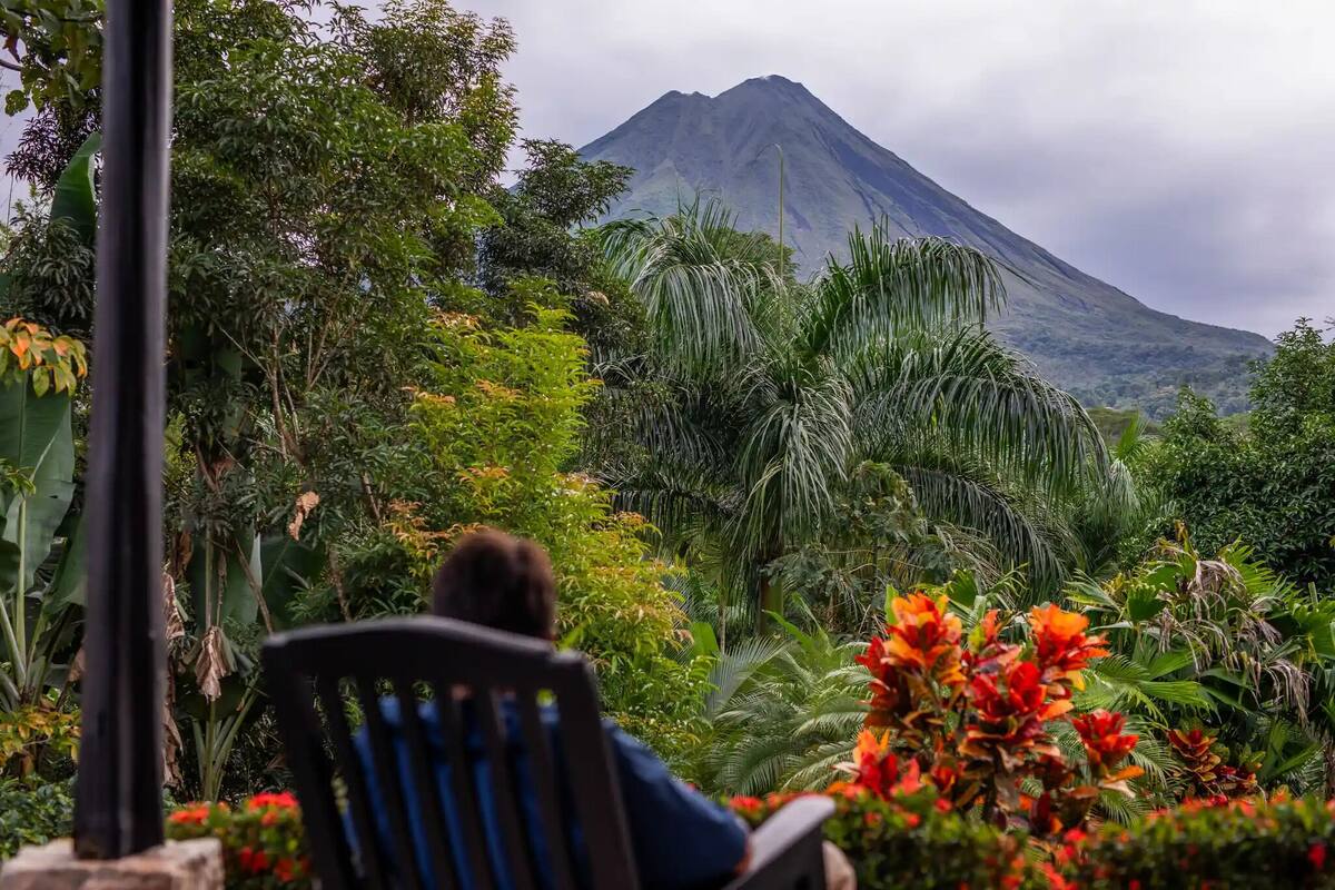 A person sitting on a chair facing a lush garden with a mountain in the background.
