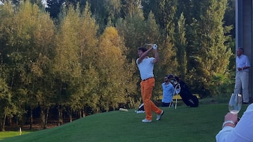 A golf course with a player in mid-swing, trees in the background, and a spectator.