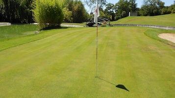 Un terrain de golf bien entretenu, avec un mât de drapeau en premier plan, entouré d’une végétation luxuriante et d’arbres.