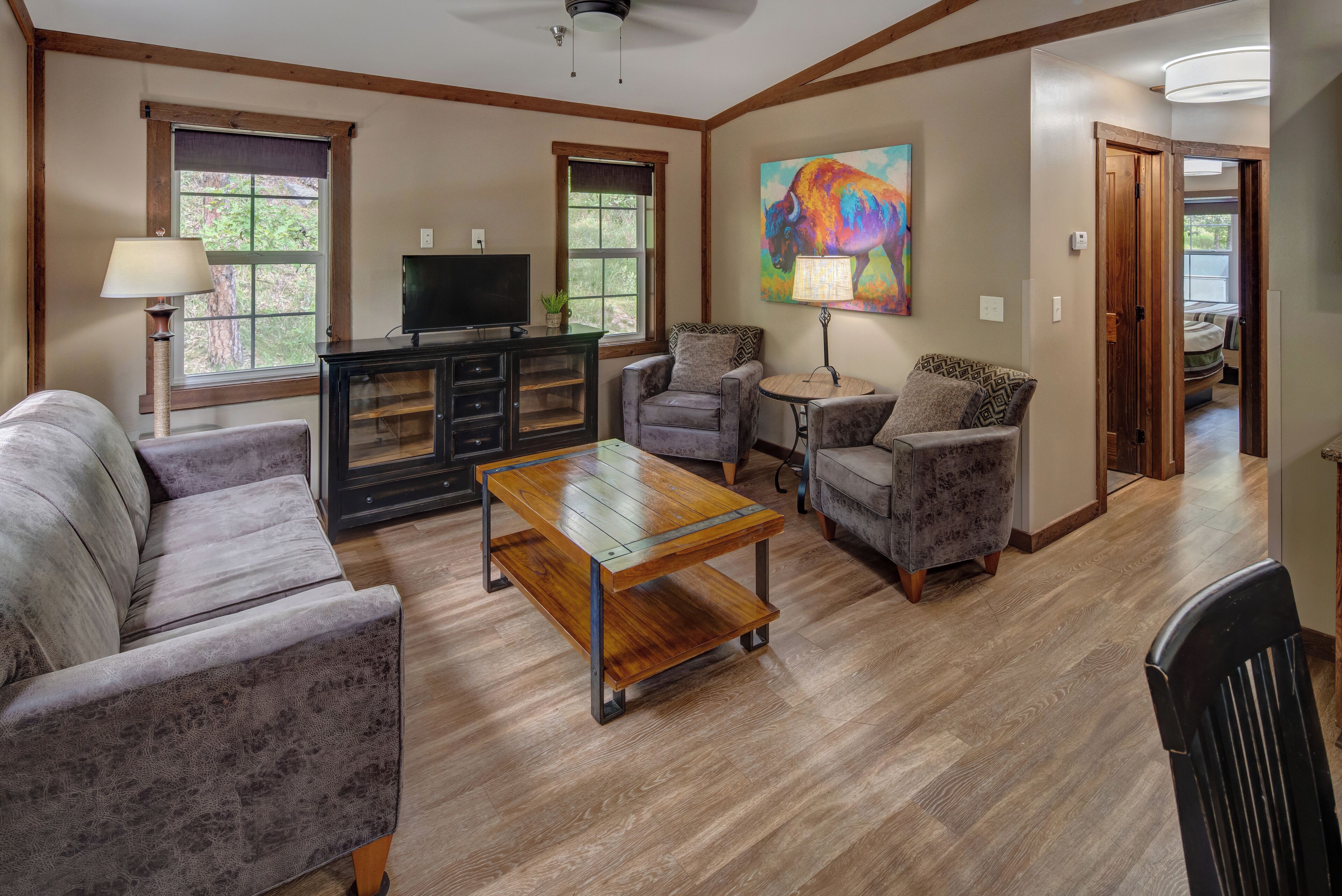 premium cabin, 2 bedrooms, 2 bathrooms, park view | living area | 32-inch flat-screen tv with premium tv channels, tv