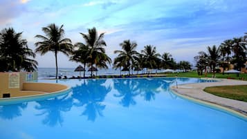Outdoor pool, pool umbrellas, pool loungers