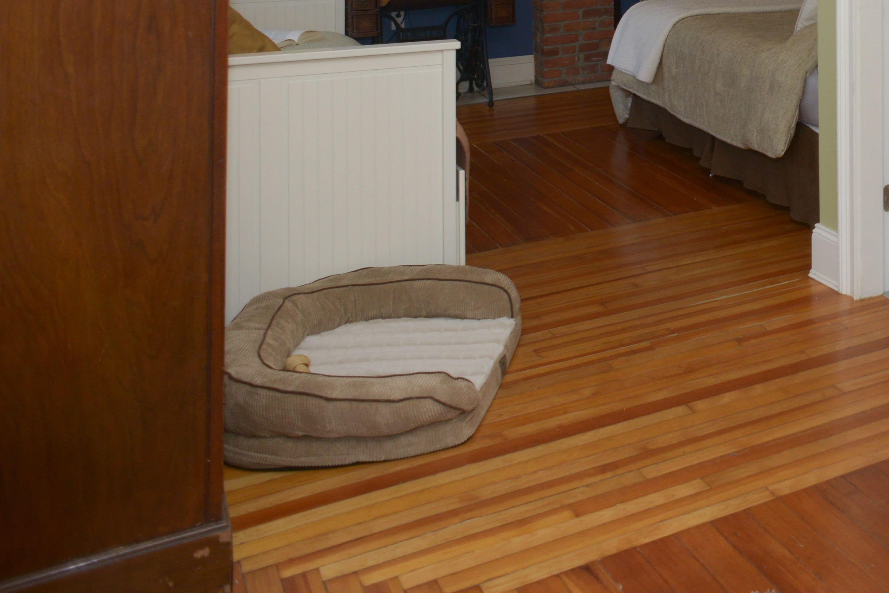 Een kamer met houten vloer, een witte radiator, een bruin dierenbedje en een bed met een beige deken.