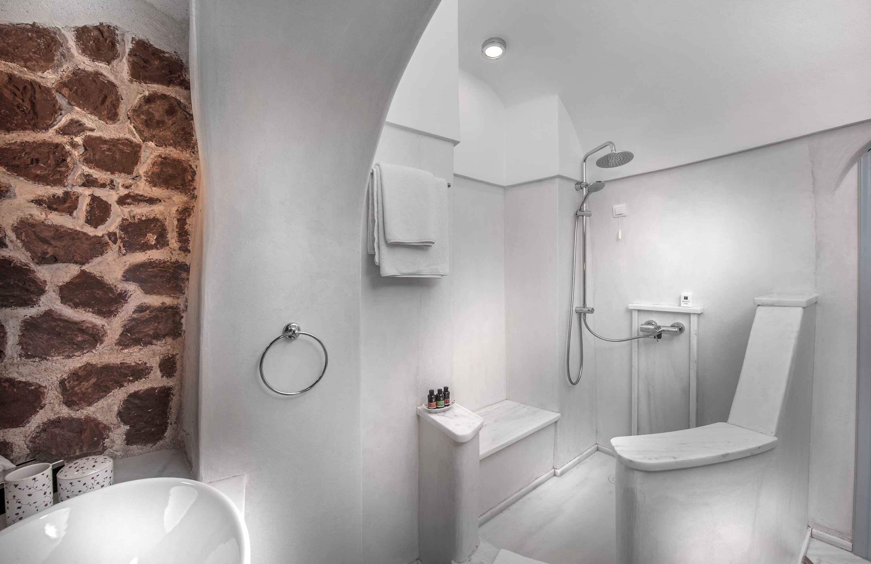 A modern bathroom with a stone accent wall, a toilet, a shower, and a sink.
