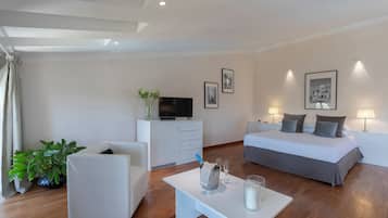 Une chambre d’hôtel moderne équipée d’un lit, d’un canapé, d’une télévision, d’un bureau et d’une plante en pot.