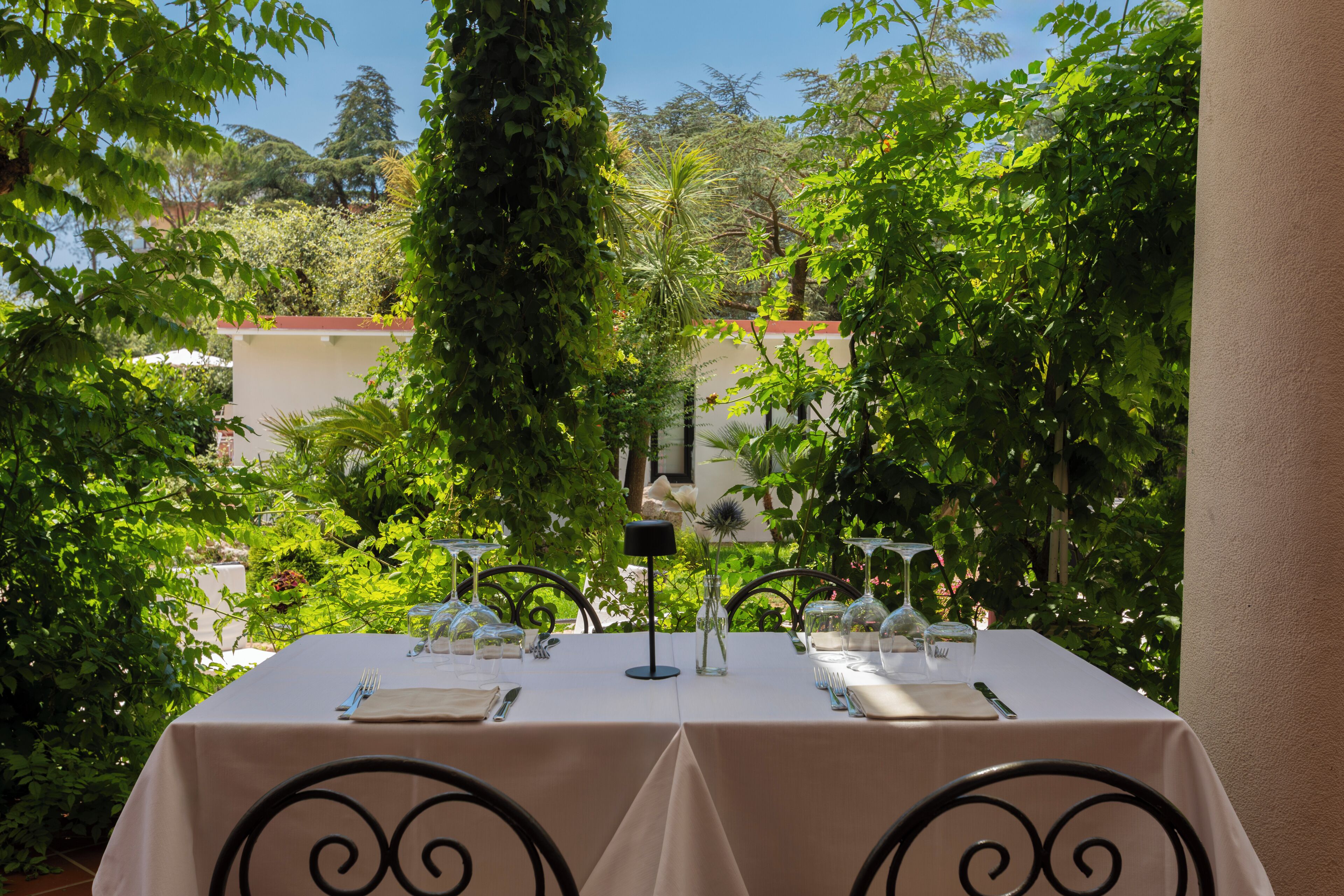 An outdoor dining table set with glassware and cutlery, surrounded by lush greenery and a clear sky.
