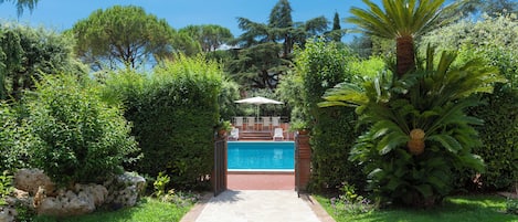 Una piscina con un sendero pavimentado que la conecta, rodeada de exuberante vegetación y árboles.