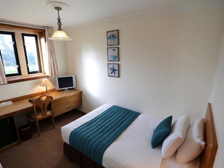 Una habitación de hotel con cama, escritorio, silla y televisor.