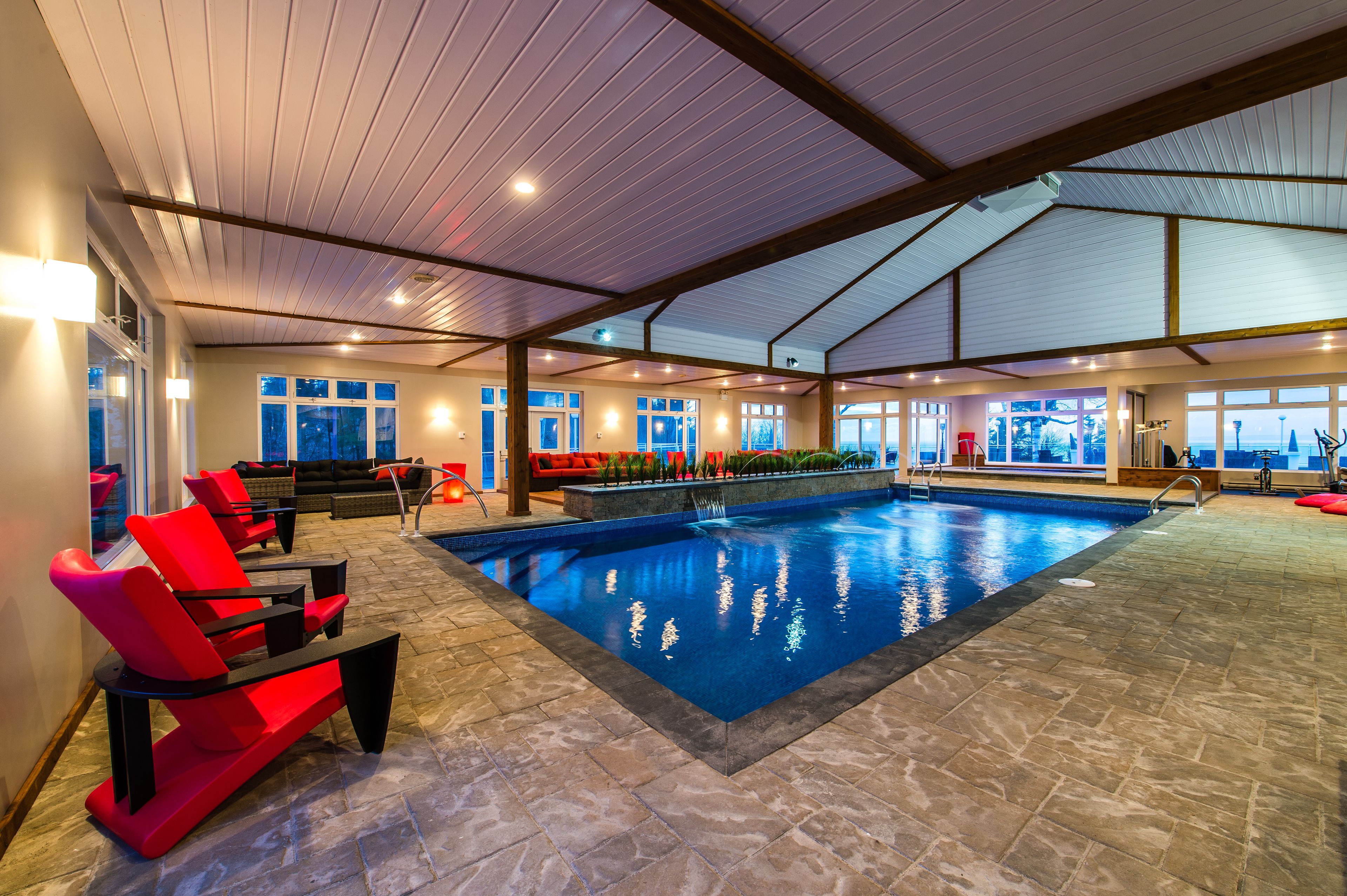 indoor pool, pool loungers
