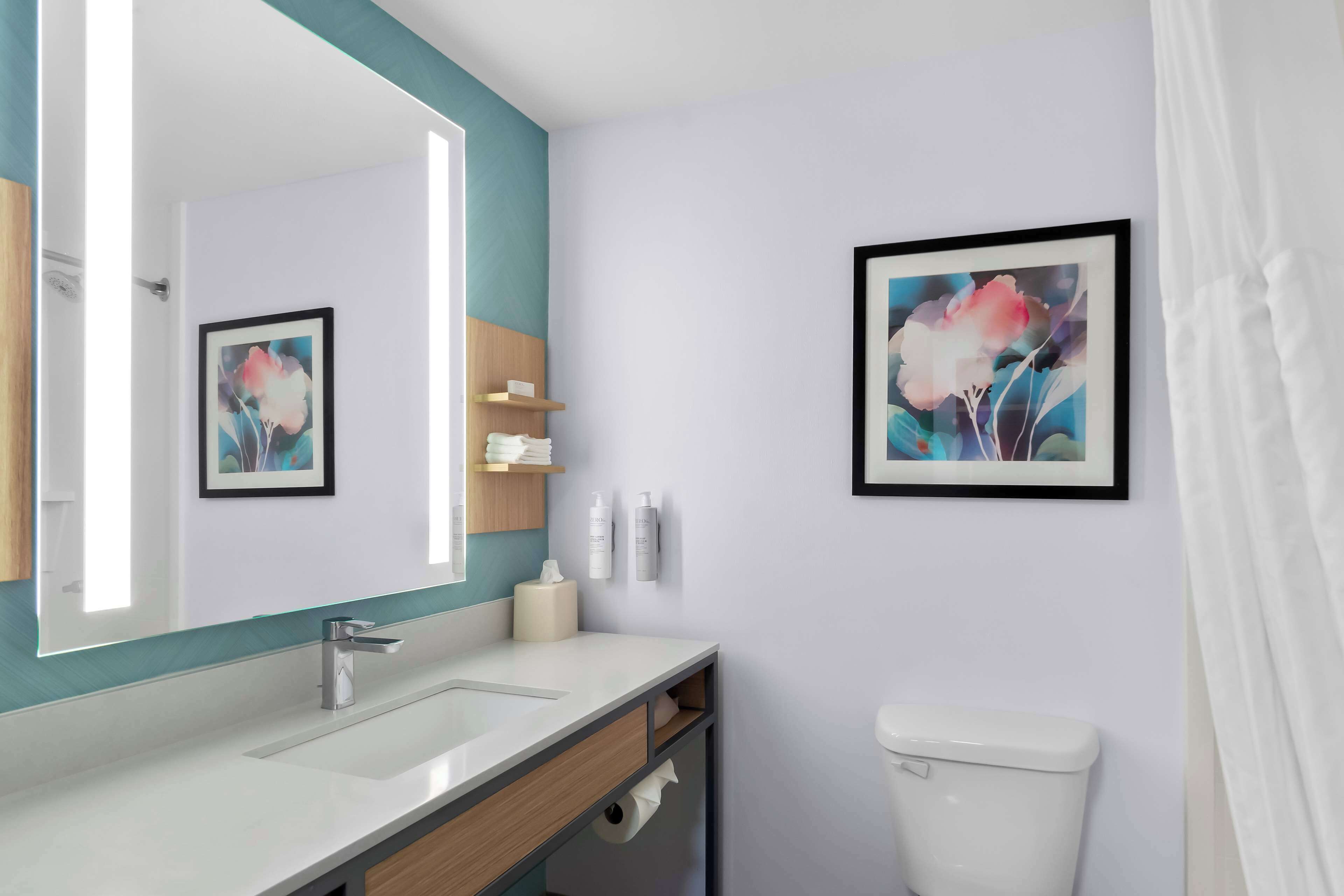 A modern bathroom with a large mirror, two sinks, a toilet, and framed floral artwork on the walls.