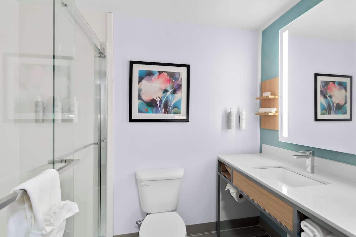 designer toiletries, hair dryer, towels, soap