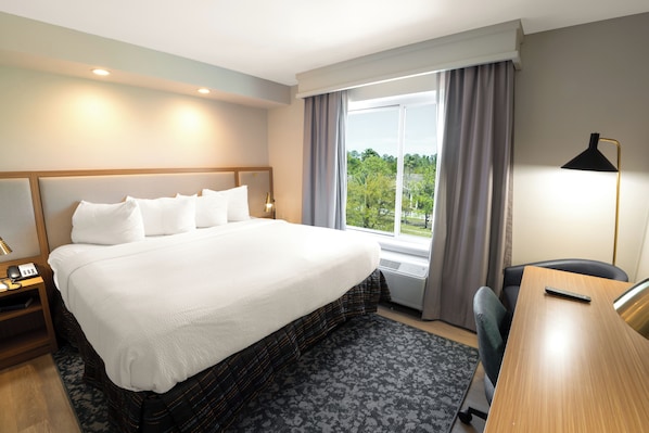 Habitación de hotel con una cama grande, un escritorio, una silla, una mesita de noche, una lámpara y vistas a zonas verdes por la ventana.