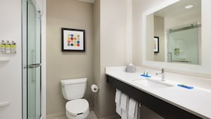 A bathroom with a glass shower enclosure, a toilet, a sink with a mirror, and a framed picture on the wall.