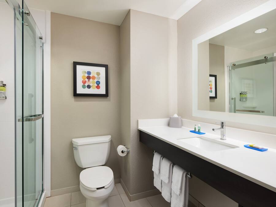 A bathroom with a glass shower enclosure, a toilet, a sink with a mirror, and a framed picture on the wall.