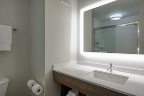 A bathroom with a white sink, a mirror, and a toilet.
