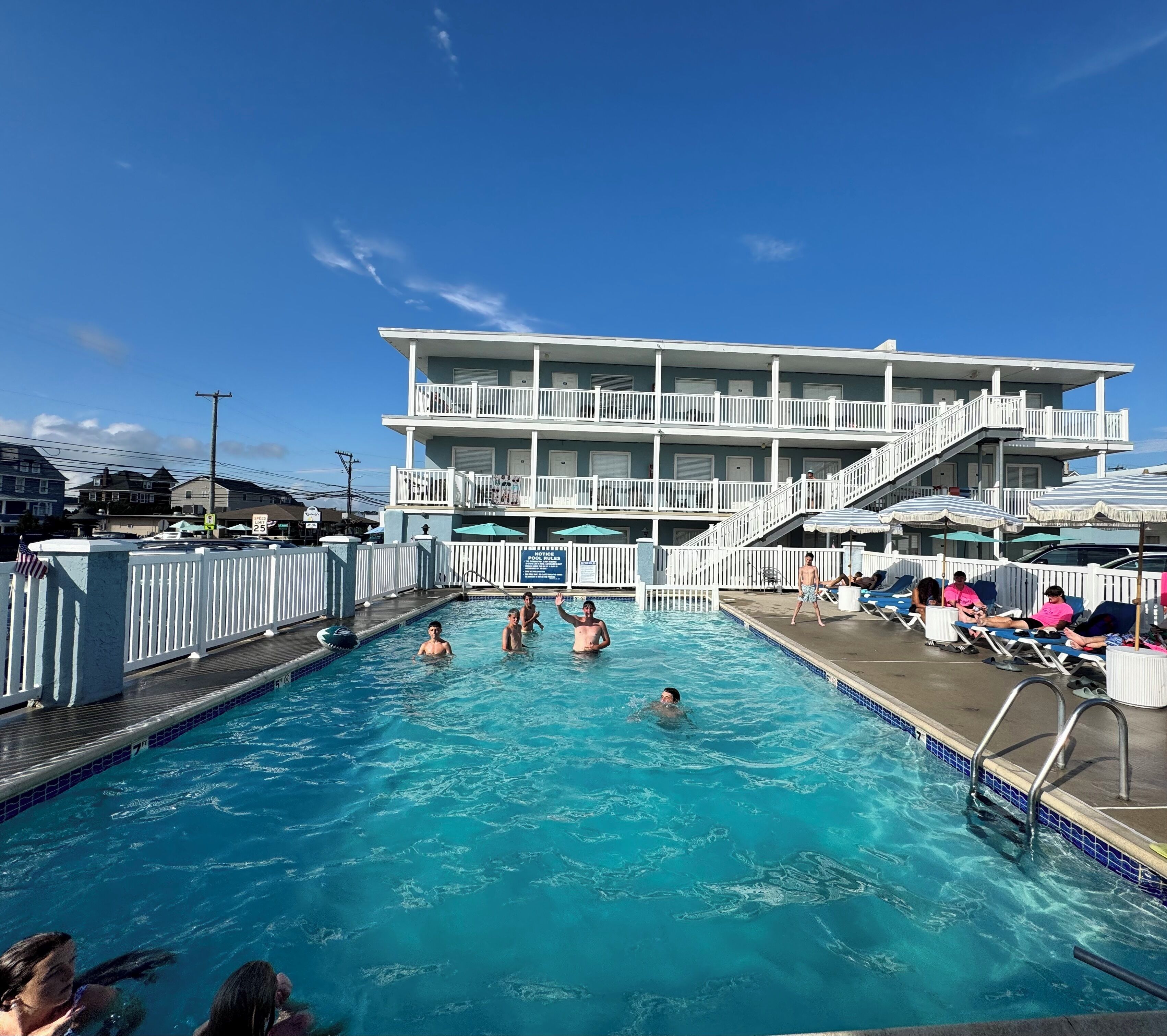 Seasonal outdoor pool, open 10 AM to 7 PM, sun loungers
