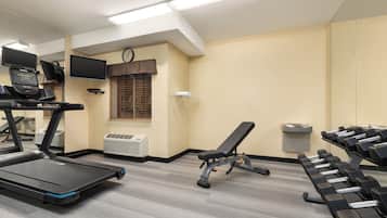 A gym with treadmills, a bench, and dumbbells.