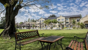 Un espace verdoyant avec un banc et une table, un grand arbre, et un bâtiment doté de nombreux balcons et de parasols.