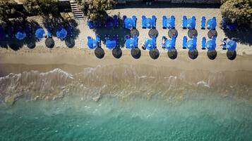 On the beach, sun loungers, beach umbrellas, beach towels