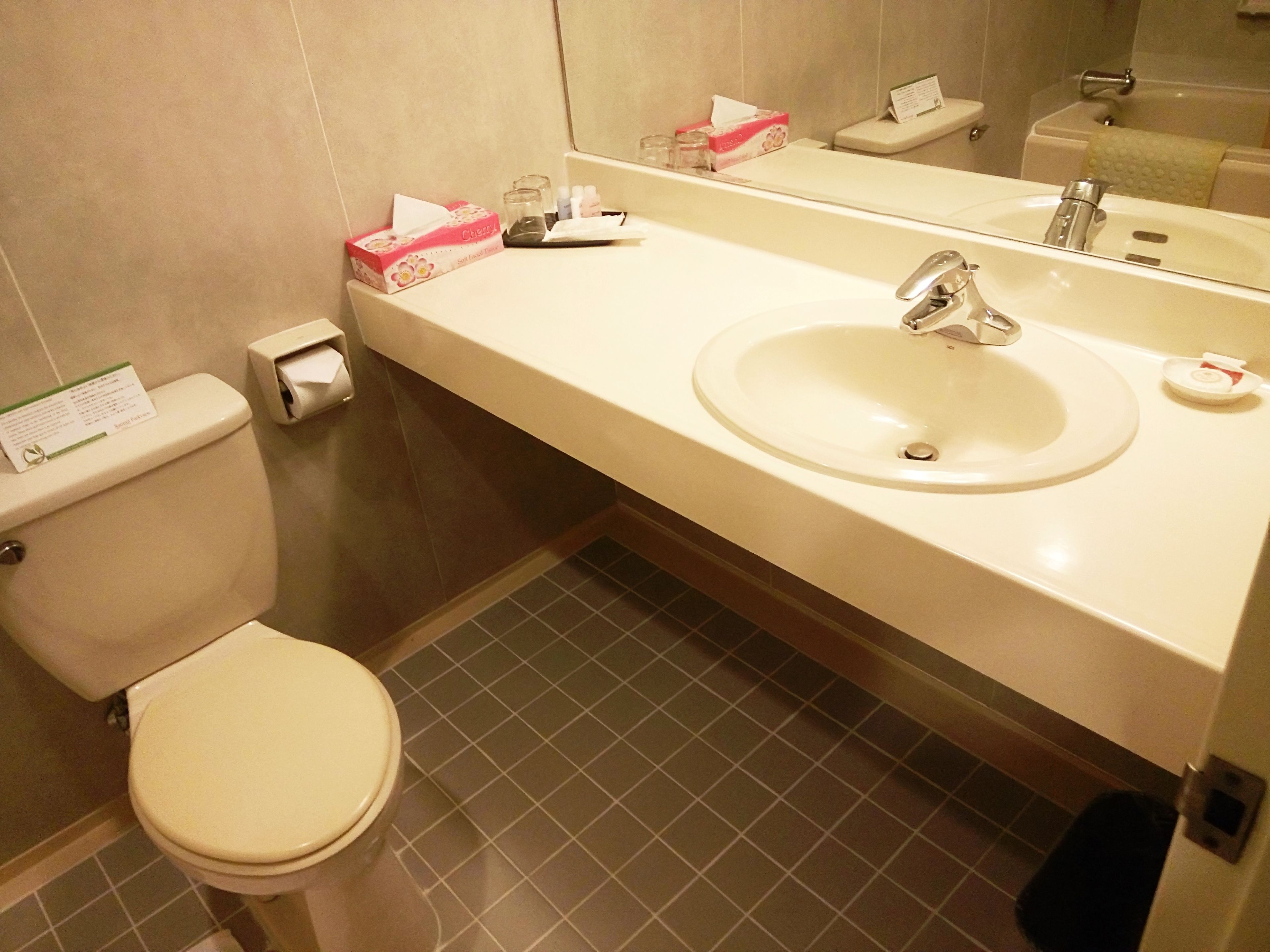 A bathroom with a toilet, sink, and mirror. There are tissues, a hand soap dispenser, and a small trash bin.
