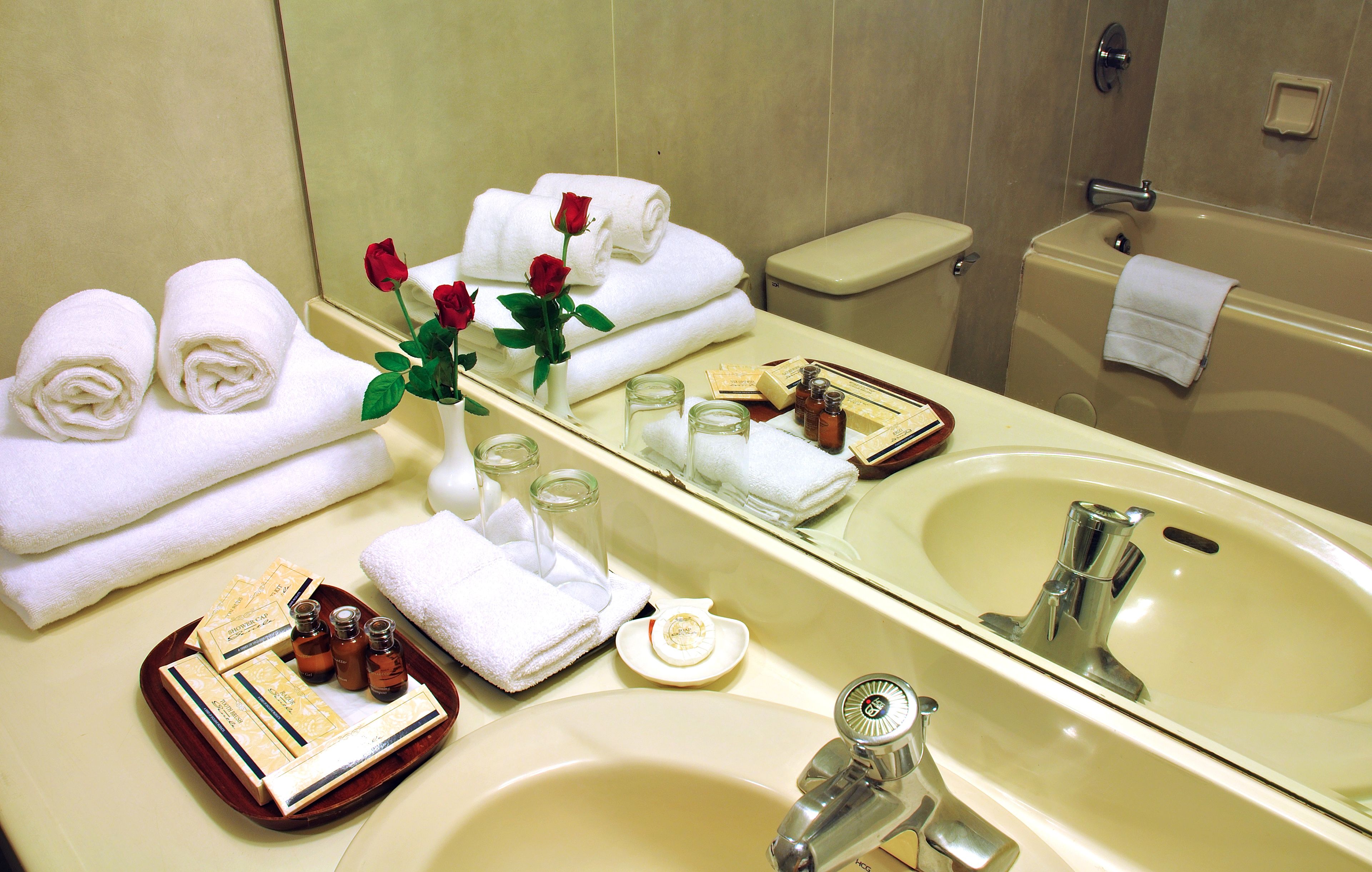 free toiletries, hair dryer, slippers, towels