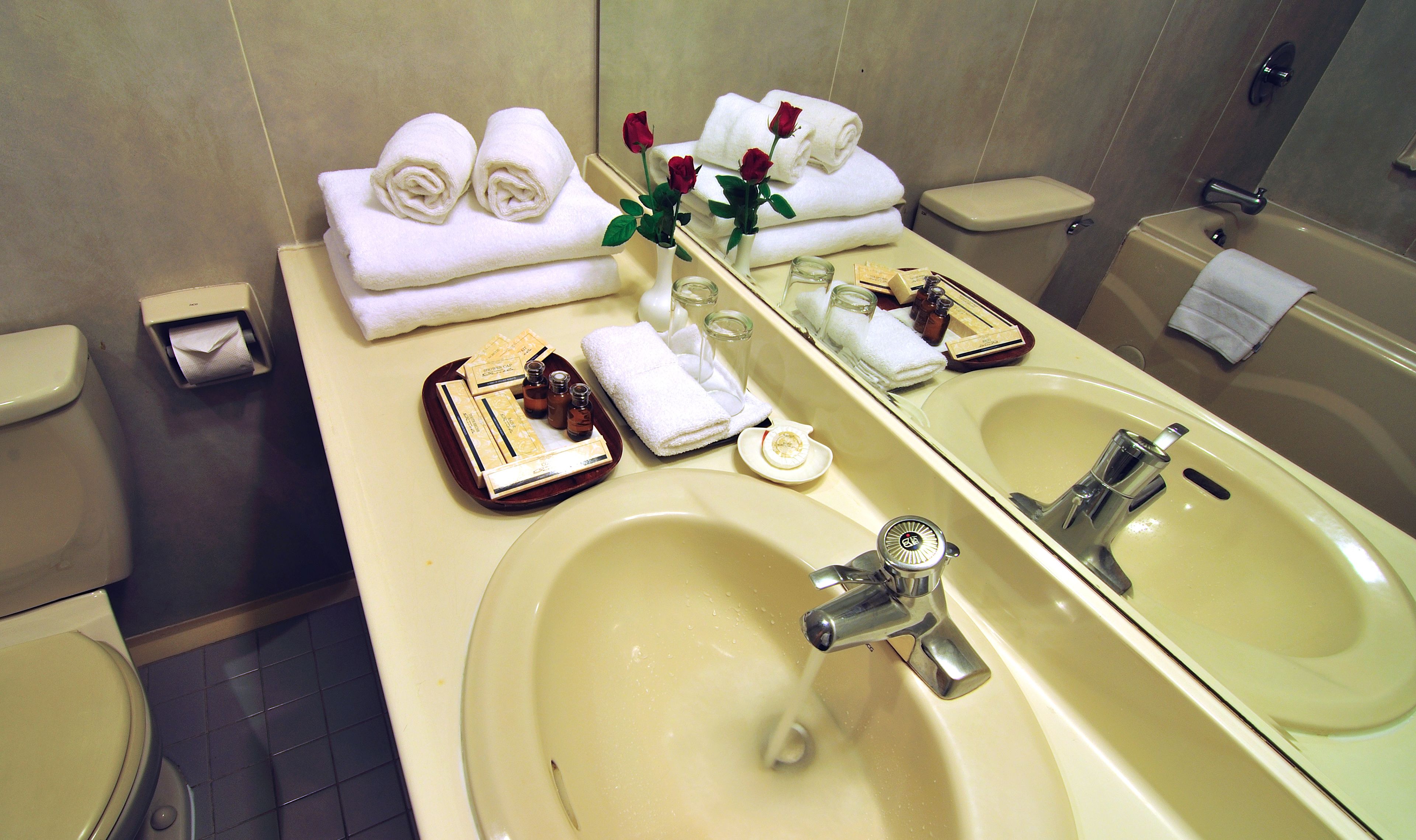 Un baño de hotel con dos lavamanos, un espejo y artículos de aseo.