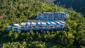 Een modern hotel met meerdere verdiepingen, omringd door dicht bos.