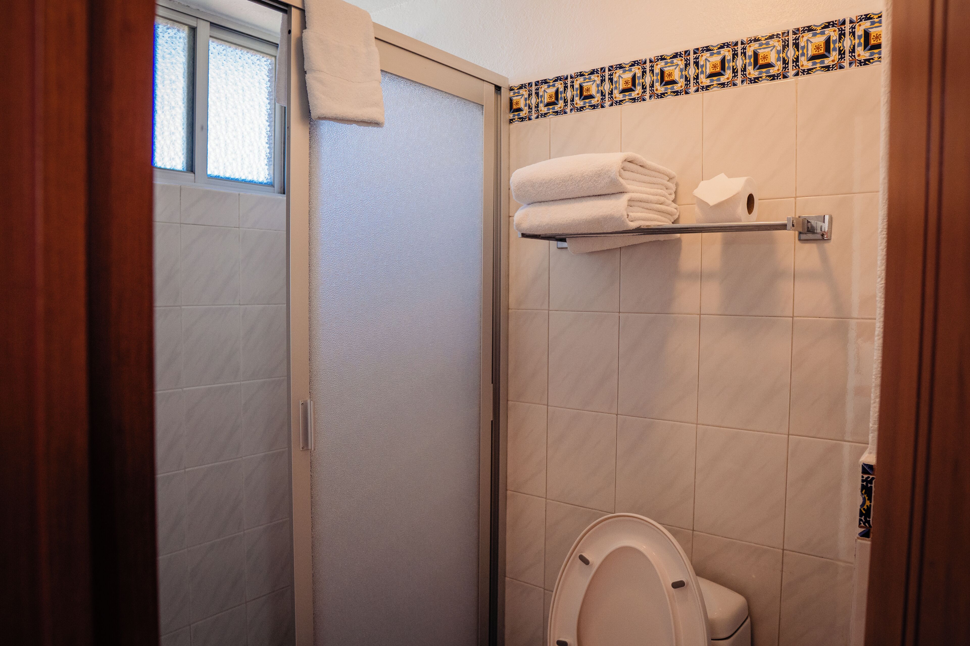 A bathroom with a shower, toilet, and towel rack.