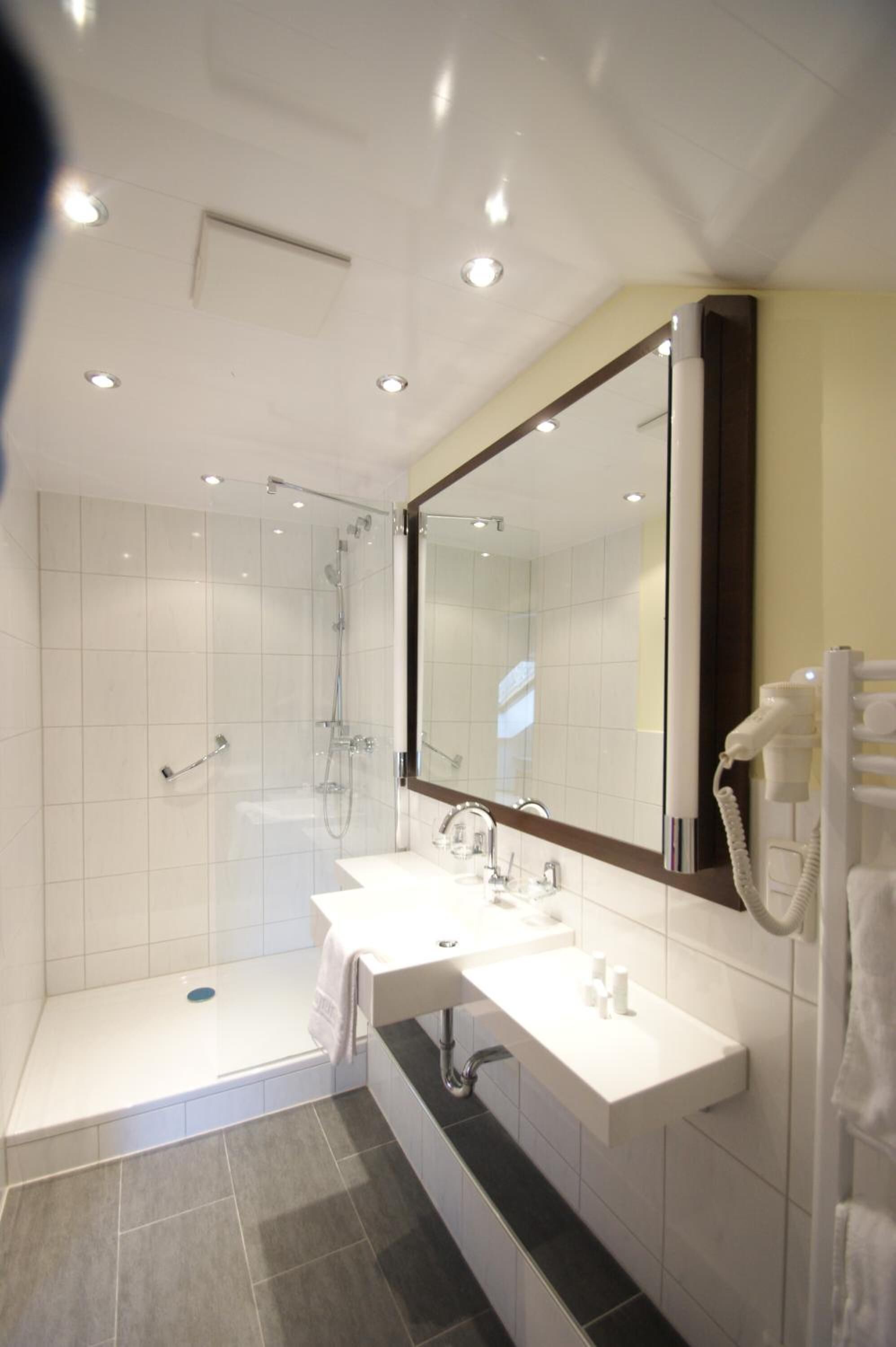 shower, free toiletries, hair dryer, towels